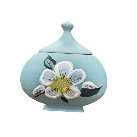 Hand-Painted David Fulmer green white Ceramic Floral Lidded Jar Vase SKU 9312 - Picture 1 of 10